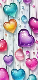 A colorful heart-themed wallpaper with water droplets.