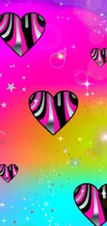 Colorful mobile wallpaper with gradient, stars, and striped hearts.