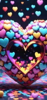 Vibrant mobile wallpaper with colorful heart patterns.