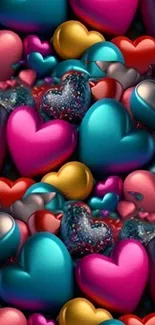 Vibrant 3D colorful heart pattern wallpaper.