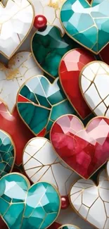 Colorful geometric heart pattern wallpaper.