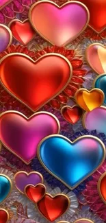 Vibrant mobile wallpaper with colorful heart patterns.