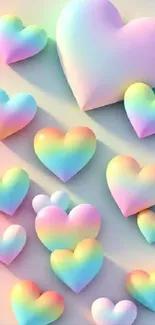 3D pastel hearts in rainbow hues on mobile wallpaper.
