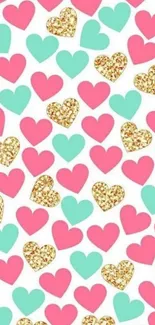 Colorful pattern of pink, teal, and glitter hearts on a mobile wallpaper.