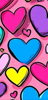 Colorful hearts on a pink background wallpaper.
