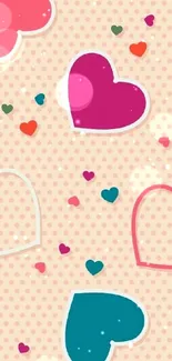 Colorful heart pattern with polka dots on a peach background.