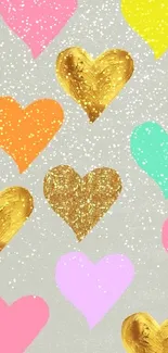 Colorful wallpaper with gold and pastel pink hearts.