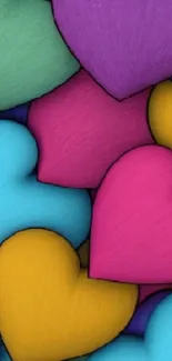 Colorful heart pattern wallpaper with pink, yellow, blue, and purple hearts.