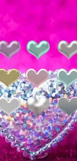 Colorful hearts on a pink sparkling wallpaper background.