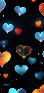 Colorful floating heart pattern on dark background mobile wallpaper.