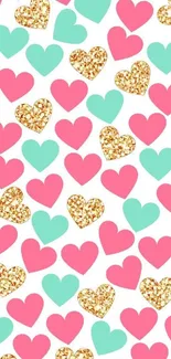 Bright wallpaper with pink, teal, and glitter hearts on a white background.