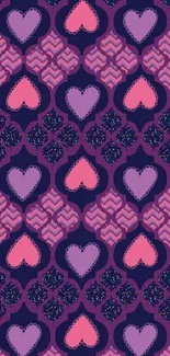 Mobile wallpaper with colorful heart pattern in purple and pink tones.