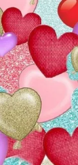 Colorful hearts wallpaper with glitter and vibrant patterns.