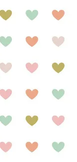 Colorful heart pattern wallpaper with pastel hues on a white background.