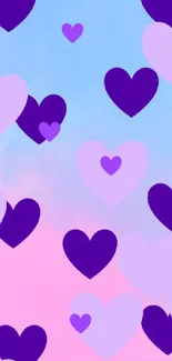 Purple and pink hearts on a blue gradient background.