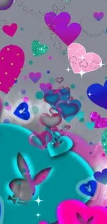 Colorful mobile wallpaper with vibrant heart designs in pink, blue, and teal hues.