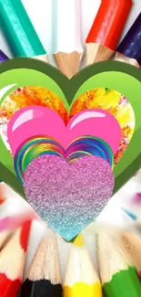 Colorful hearts surrounded by pencils in vivid art design.