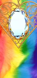 Heart-shaped gold pendant on rainbow fur.