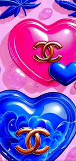 Colorful pink and blue heart mobile wallpaper design.