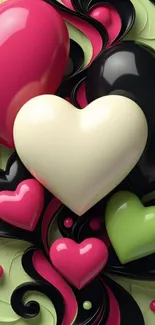 Colorful heart-themed mobile wallpaper with vibrant patterns.
