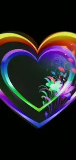 Multicolored heart with floral design on a black background.