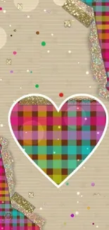 Vibrant plaid heart on glittery background.