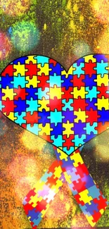 Puzzle heart on colorful abstract background with vivid colors.