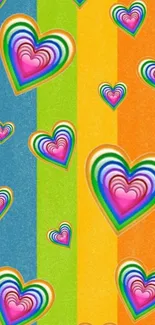 Colorful rainbow hearts on striped background wallpaper.