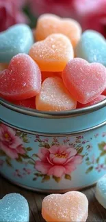 Heart-shaped colorful candies in a floral tin.