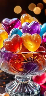 Glass bowl filled with colorful heart-shaped candies with a bokeh background.