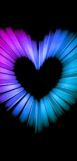 Heart-shaped gradient light wallpaper in blue and purple on a black background.