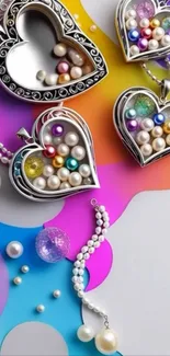 Colorful heart-shaped pearl jewelry on vibrant background.
