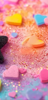 Colorful hearts and stars on a textured background wallpaper.