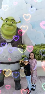 Shrek mobile wallpaper with colorful neon hearts and children.