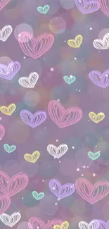 Colorful hearts sketched on a purple background wallpaper.