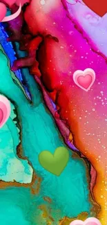 Vibrant abstract wallpaper with colorful hearts and splashes.