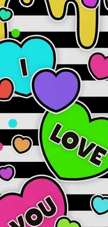 Colorful heart wallpaper with stripes and bold colors.