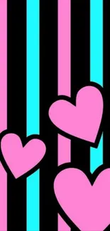 Pink hearts on blue and black striped background wallpaper.