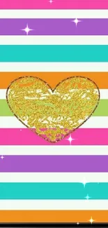 Heart on colorful striped background with glittering effect.