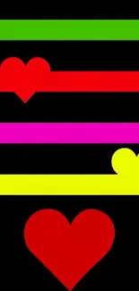 Wallpaper with colorful hearts on black background, featuring bold stripes.