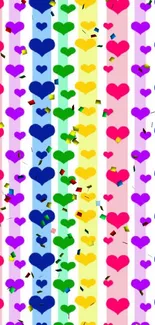 Colorful heart stripes wallpaper with red, blue, and green hues.