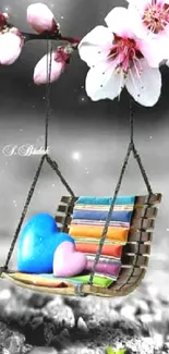 Colorful hearts on a swing with flowers and a gray background.