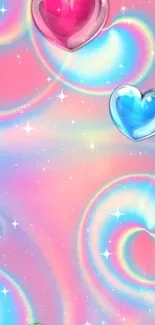 Colorful hearts and pastel swirls wallpaper.