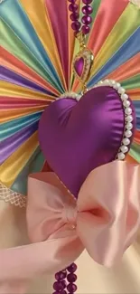 Vibrant purple heart with rainbow background and beaded decorations.