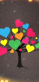 Mobile wallpaper with a colorful heart tree on black background.