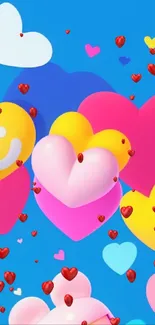 Cartoon hearts wallpaper with vibrant colors on a blue background.