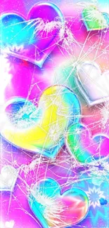 Colorful neon heart pattern wallpaper for mobile devices.