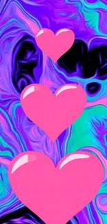 Pink hearts on a swirling colorful background of purple, blue, and green.