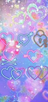 Colorful heart designs on vibrant purple background with neon accents.