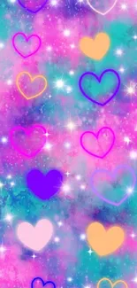 Colorful hearts wallpaper with purple and pink hues.